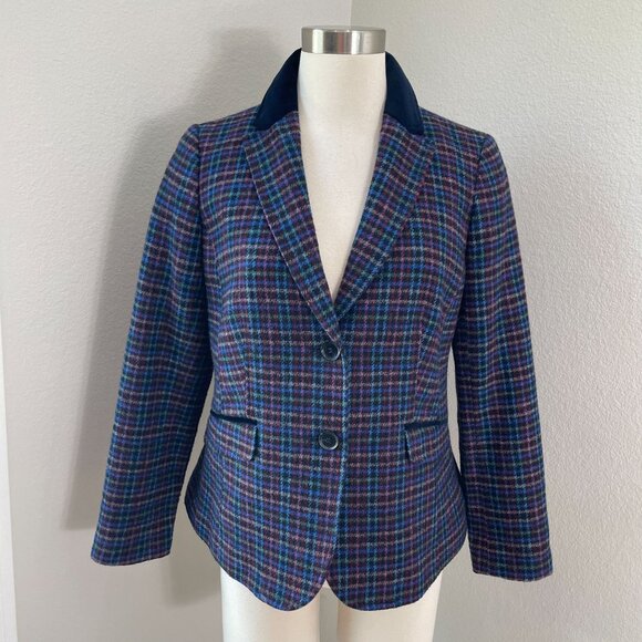 Talbots Women 8P Wool Blend Blazer Mistletoe Plaid Velvet Collar Academia Jacket - Picture 1 of 14